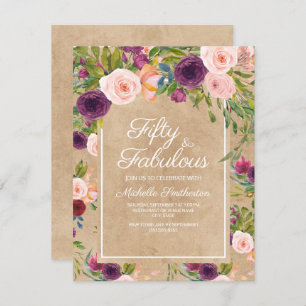Rustic Kraft Boho Plum Blush Floral 50th Birthday Invitation