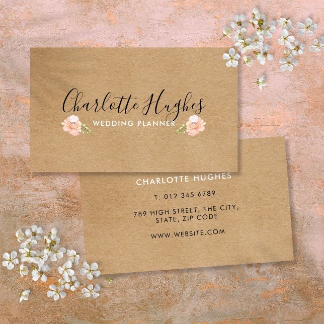 Rustic Kraft Boho Signature Rose Floral Motif Business Card (Rustic Kraft Boho Signature Rose Floral Motif Business Card)