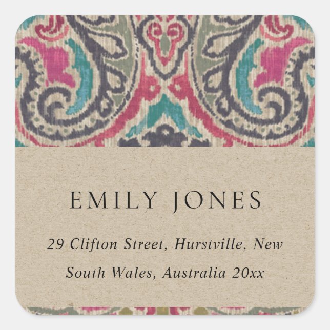 RUSTIC KRAFT BOHO TRIBAL IKAT PINK TEAL ADDRESS SQUARE STICKER (Front)