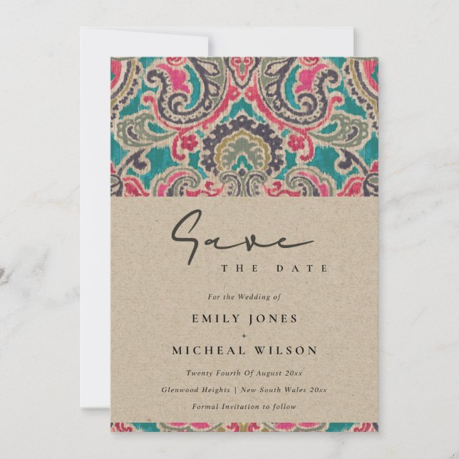 RUSTIC KRAFT BOHO TRIBAL IKAT SAVE THE DATE INVITE (Front)