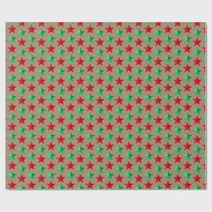 Rustic Kraft Bright Green Red Stars Wrapping Paper