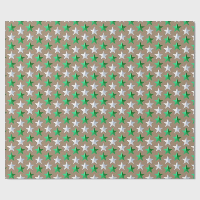 Rustic Kraft Bright Green White Stars  Wrapping Paper (Flat)