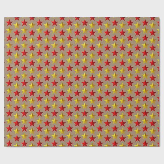 Rustic Kraft Bright Red Gold Stars  Wrapping Paper (Flat)