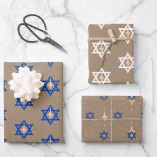 Rustic Kraft Bright Shining Star of David Hannukah Wrapping Paper Sheet
