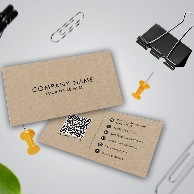 Rustic Kraft Brown Minimalist Social Media QR Code Business Card (Creator Uploaded)
