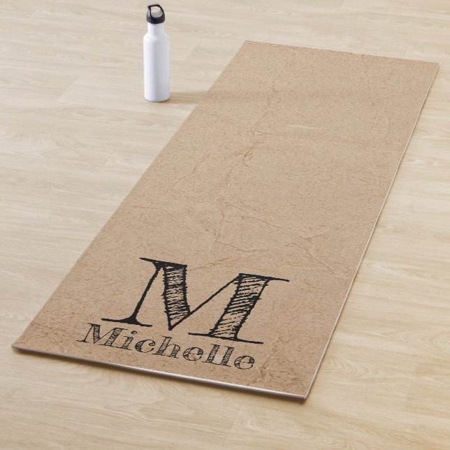 Rustic Kraft Brown Paper Look Monogram Yoga Mat (In Situ)