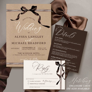 Rustic Kraft Brown Watercolor Bow QR Code Wedding Invitation