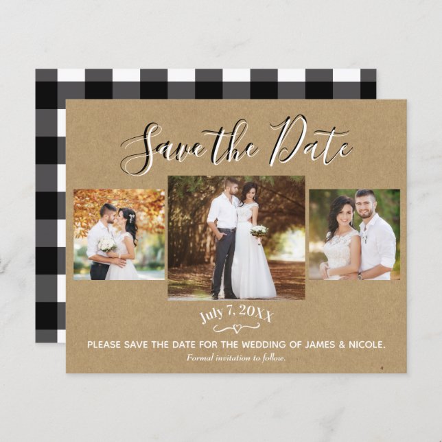 Rustic Kraft Buffalo Plaid Photo Save the Date (Front/Back)