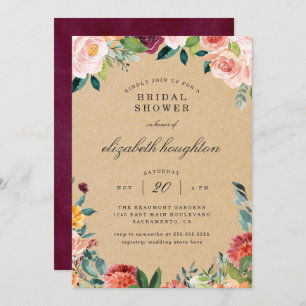 Rustic Kraft Burgundy Blush Floral Bridal Shower Invitation