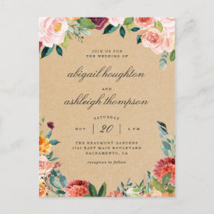 Rustic Kraft Burgundy Blush Pink Floral Wedding Invitation Postcard