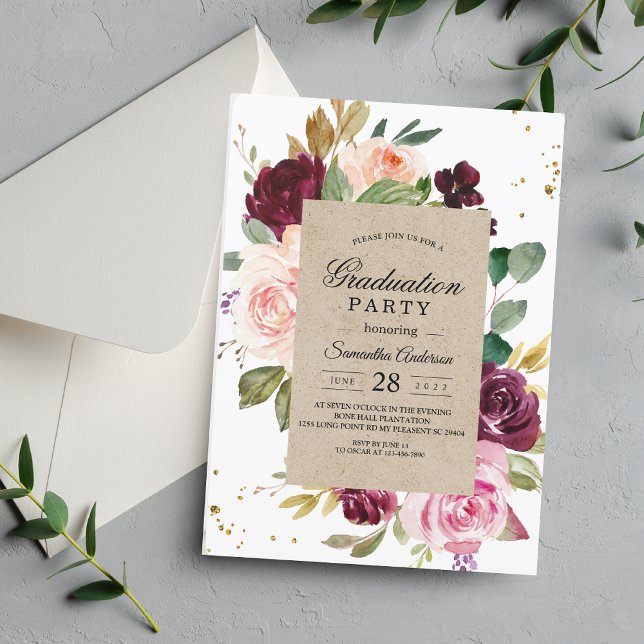 Rustic Kraft & Burgundy Floral Graduation Party  Invitation (Creator Uploaded)