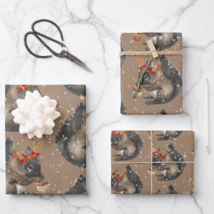 Rustic Kraft Busy Squirrels Cracking Holiday Nuts Wrapping Paper Sheet