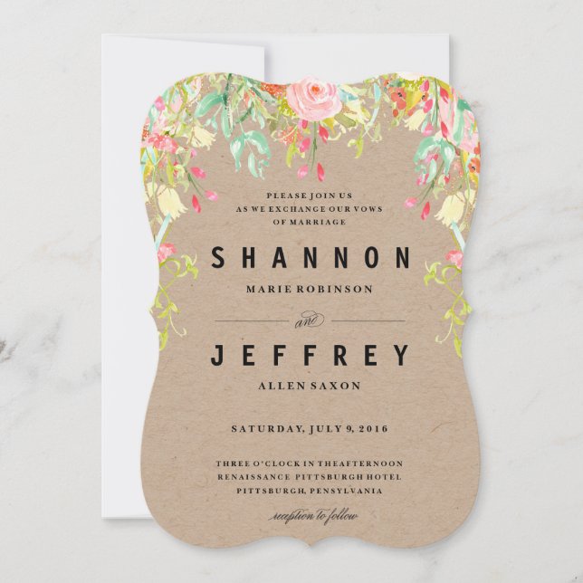 RUSTIC KRAFT CASCADING FLOWERS wedding invitation (Front)