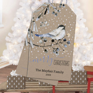 Rustic Kraft Chickadee Bird Snow Merry Christmas Gift Tags
