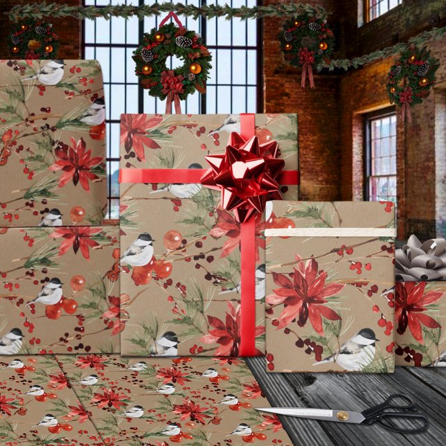 Rustic Kraft Chickadees Red Berries & Poinsettias Wrapping Paper (Rustic Kraft Chickadees Red Berries & Poinsettias Christmas Holiday Gift Wrapping Rolls )