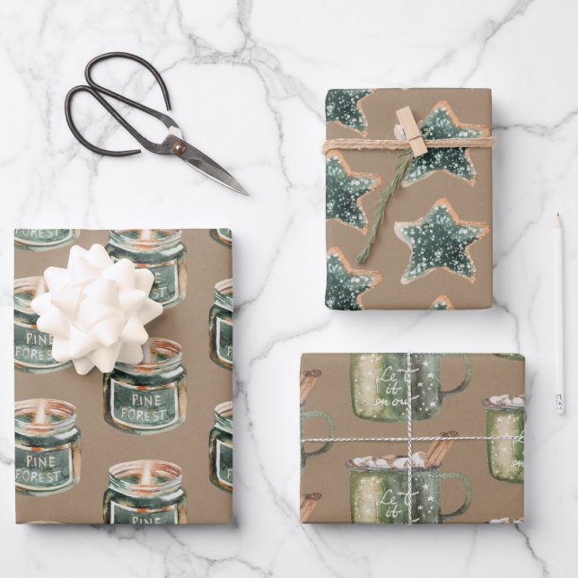 Rustic Kraft Christmas Candles Cookies & Hot Cocoa Wrapping Paper Sheet (Front)