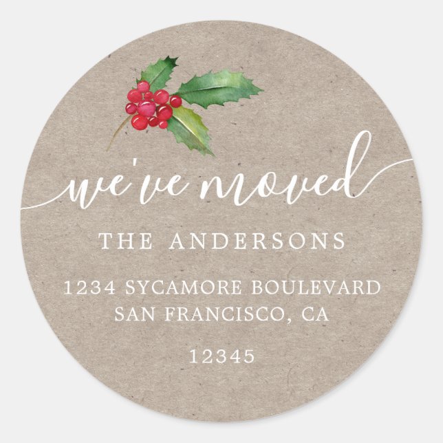 Rustic Kraft Christmas Greenery New Address Home Classic Round Sticker (Front)