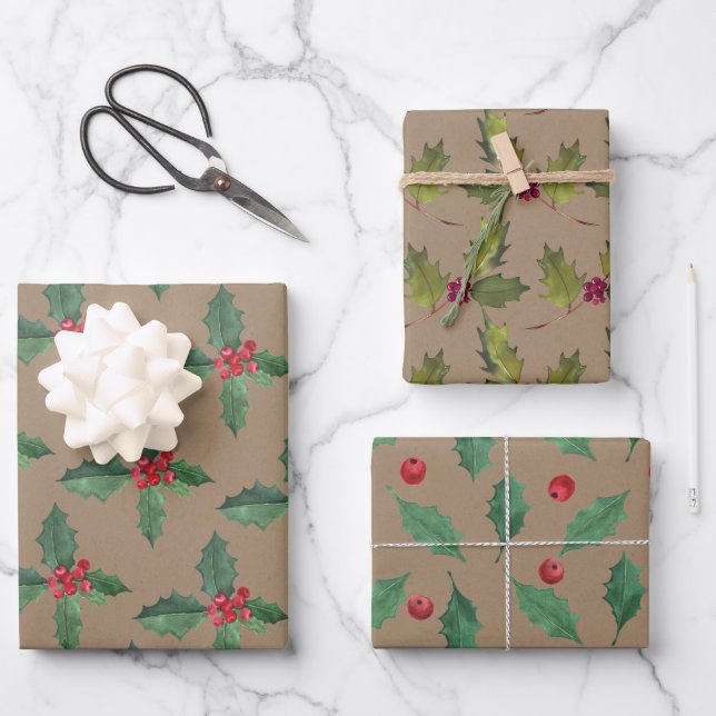 Rustic Kraft Christmas Holly & Berries Wrapping Paper Sheet (Front)