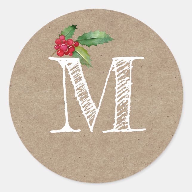 Rustic Kraft Christmas Holly Monogram Initial Classic Round Sticker (Front)