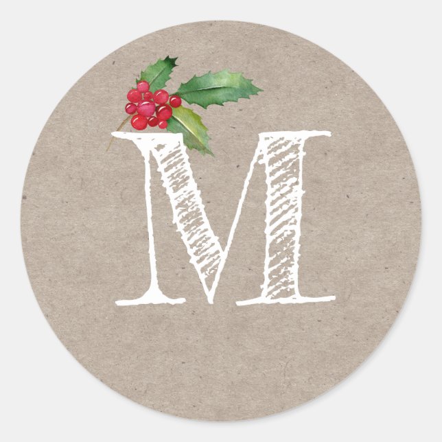 Rustic Kraft Christmas Holly Monogram Initial Classic Round Sticker (Front)