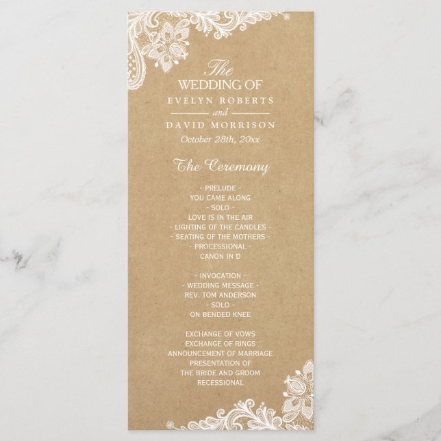 Rustic Kraft Classy White Lace Wedding Program Programme (Front)