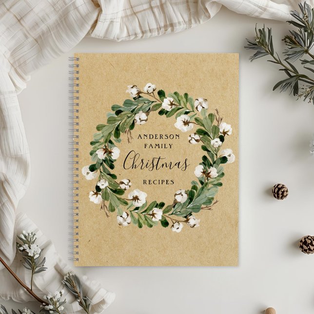Rustic Kraft Cotton Wreath Christmas Family Recipe Notebook (Creator Uploaded)