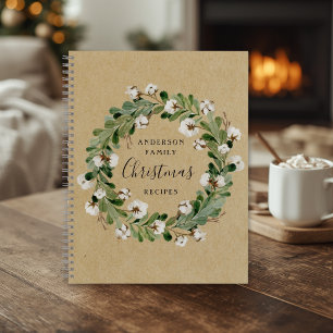 Rustic Kraft Cotton Wreath Christmas Family Recipe Notebook