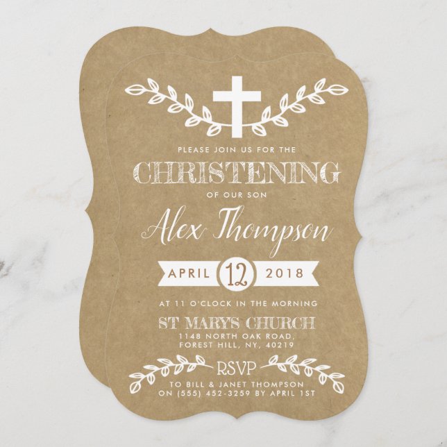 Rustic Kraft Cross & Foliage Christening Invitation (Front/Back)