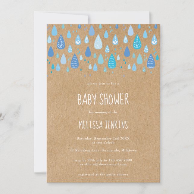 Rustic Kraft Cute Blue Raindrops Boy Baby Shower  Invitation (Front)
