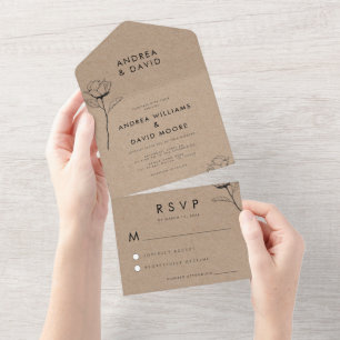 Rustic Kraft Earthy Hand Drawn Sketch Rose Wedding All In One Invitation