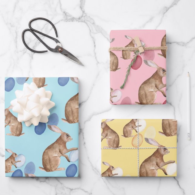 Rustic Kraft Easter Bunnies Share Easter Egg Hunt Wrapping Paper Sheet (Front)