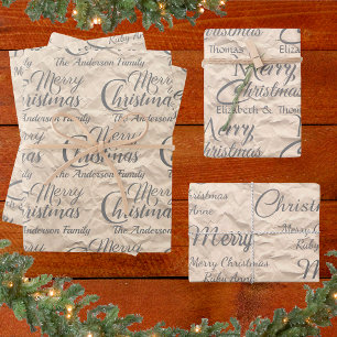 Rustic Kraft Elegant Grey Script Merry Christmas Wrapping Paper Sheet