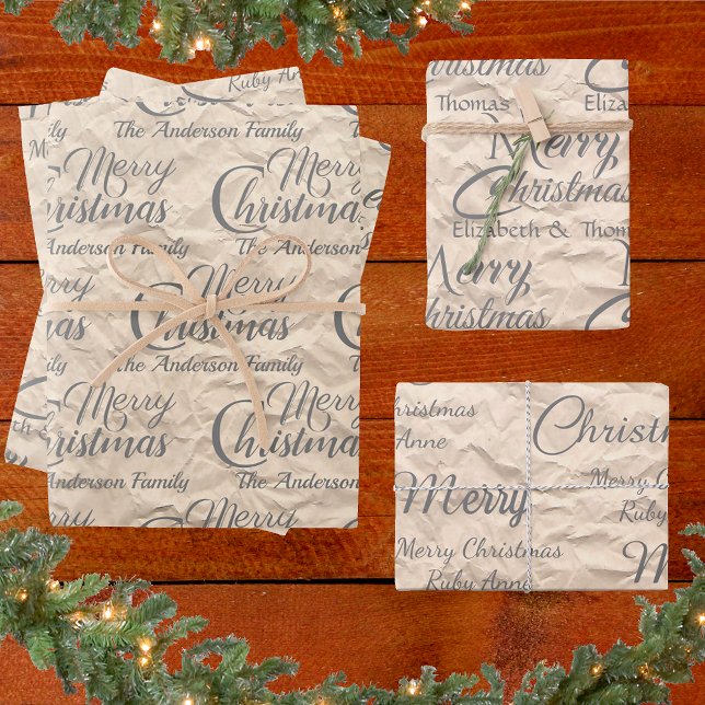 Rustic Kraft Elegant Grey Script Merry Christmas Wrapping Paper Sheet (Creator Uploaded)