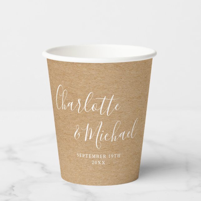 Rustic Kraft Elegant Signature Script Wedding Paper Cups (Front)
