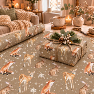 Rustic Kraft Elegant Winter Animals Snowflakes Wrapping Paper