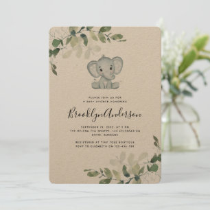 Rustic Kraft Elephant Eucalyptus Baby Shower Invitation