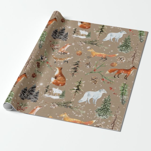 Rustic Kraft Everything Woodland Red & Arctic Fox Wrapping Paper (Unrolled)