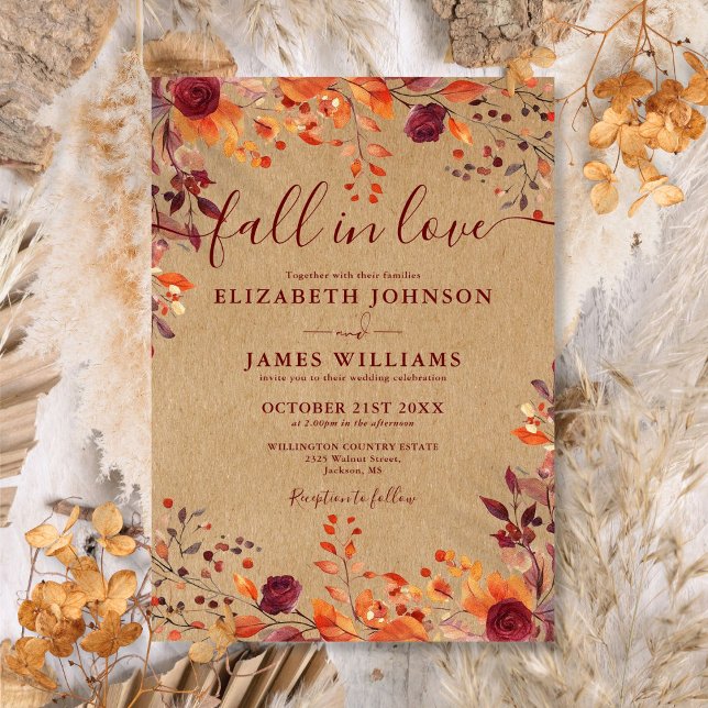 Rustic Kraft Fall In Love Autumn Floral Wedding Invitation (Rustic Kraft Fall In Love Autumn Floral Wedding Invitation)