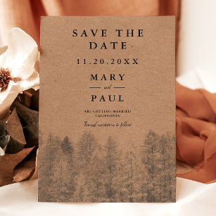 Rustic kraft Fall winter pine trees save the date Announcement Postcard
