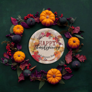 Rustic Kraft Fall Wreath Family Thanksgiving Paper Plate