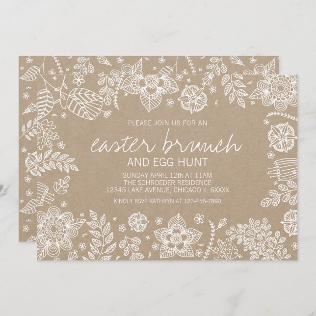 Rustic Kraft Floral Easter Brunch & Egg Hunt Card (Front/Back)