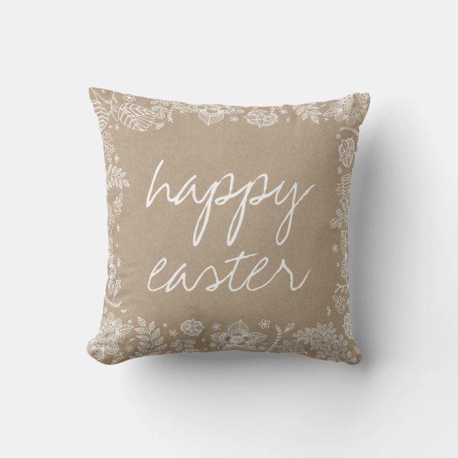 Rustic Kraft Floral Happy Easter Throw Pillow (Front)