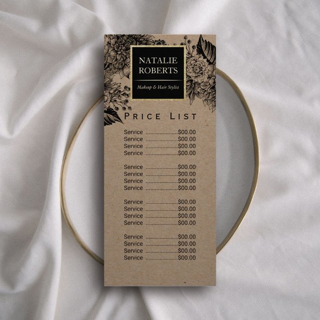 Rustic Kraft Floral Makeup Artist Hair Salon Price Rack Card (Creator Uploaded)