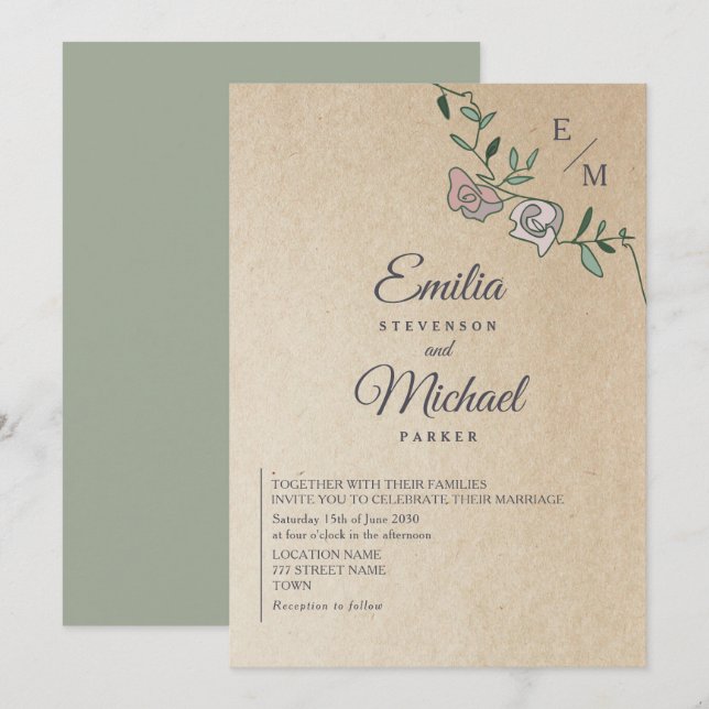 Rustic Kraft Floral Monogram Wedding  Invitation (Front/Back)