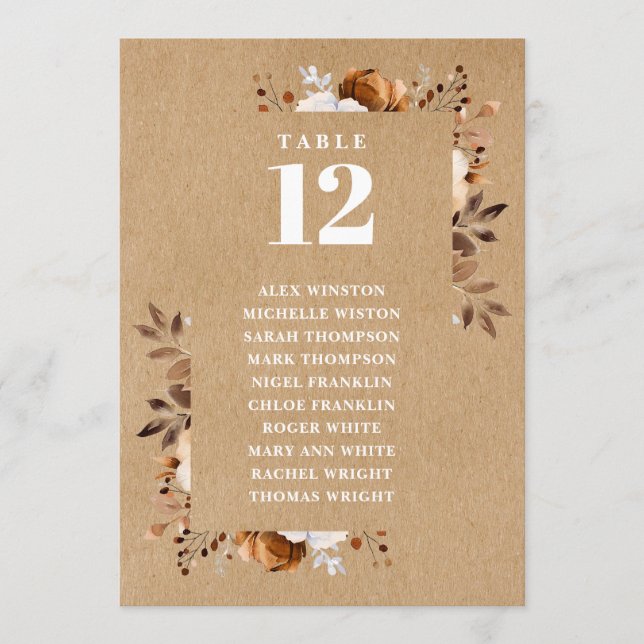 Rustic Kraft Floral Table Number Seating Chart (Front)