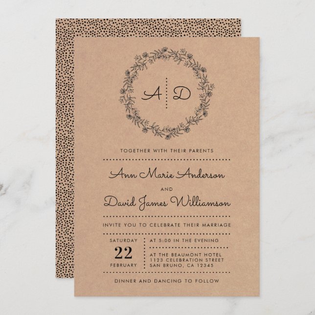 Rustic Kraft Floral Wreath Wedding Invitation (Front/Back)