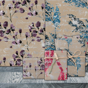 Rustic Kraft Florals & Silver Handwriting Wrapping Paper Sheet