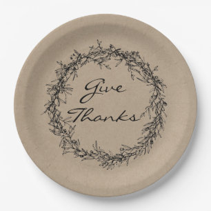 Rustic Kraft Give Thanks Thanksgiving Paper Plate