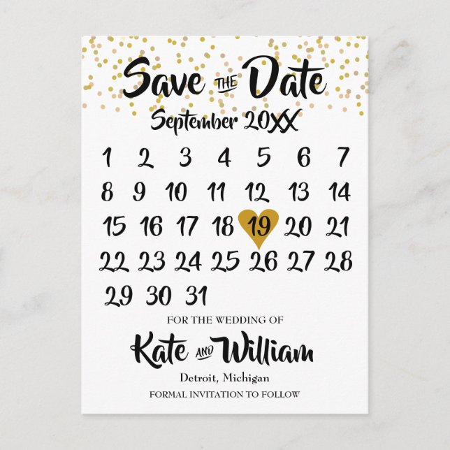 Rustic Kraft Gold Heart Calendar Save the Date Announcement Postcard (Front)