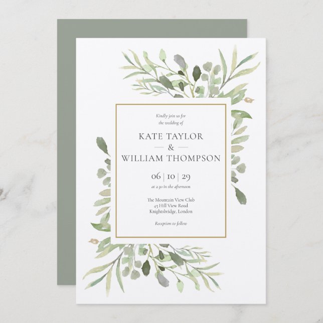 Rustic Kraft Greenery Leaves Wedding Invitation (Front/Back)